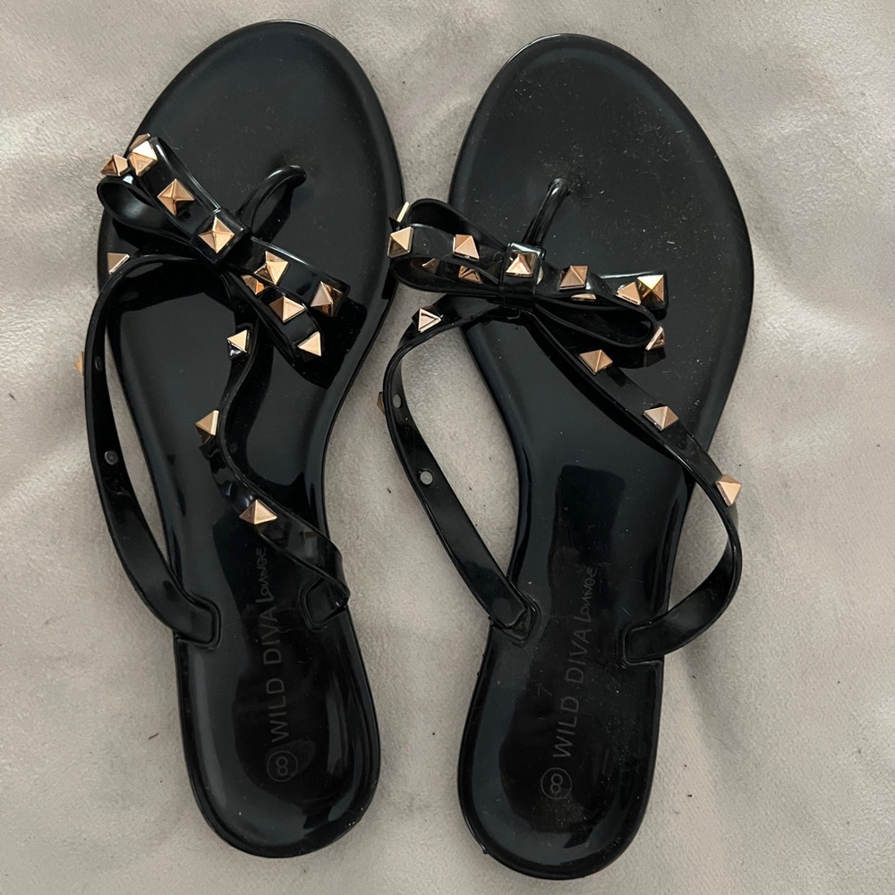 Miss Lola Black Sandals with Gold Studs